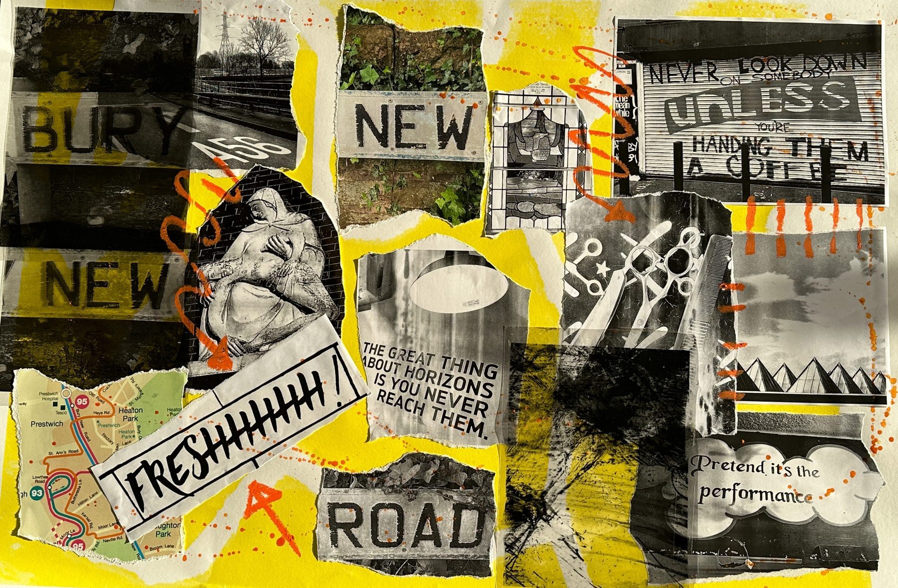 Bury New Road Triptych, panel two: collage of ripped photos, paint and pen with street signage and local landmarks