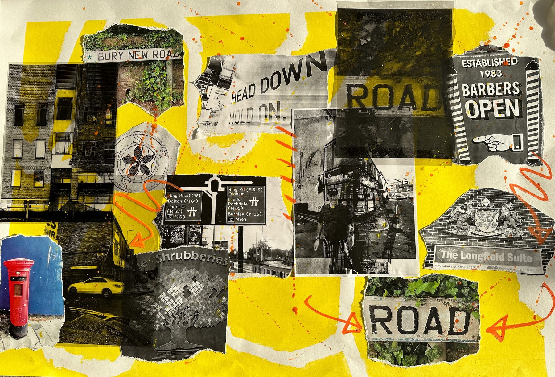 Bury New Road Triptych, panel three: collage of ripped photos, paint and pen featuring the street sign and Bury town centre