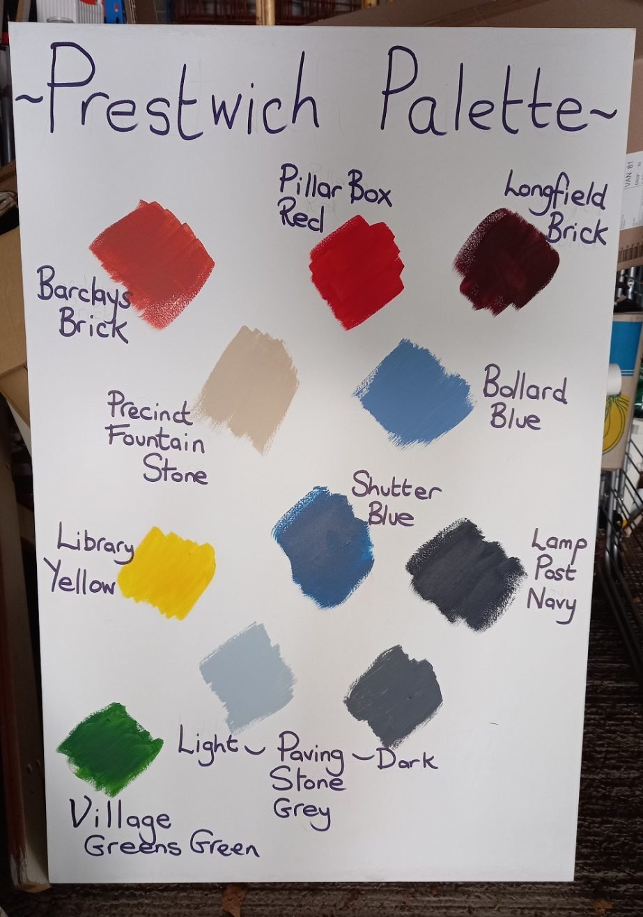 The Prestwich Palette colour chart, with swatches and names including Barclays Brick, Pillar Box Red, Longfield Brick, Bollard Blue, Library Yellow and Village Greens Green