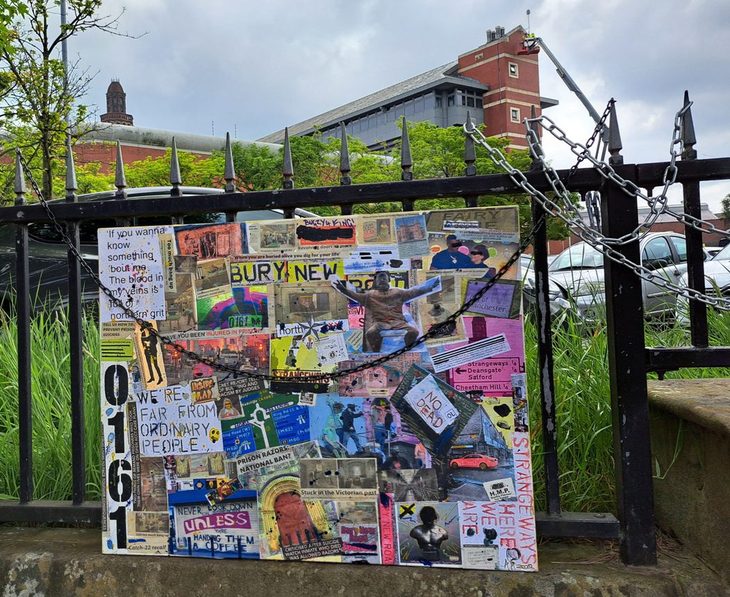 Detailed collage canvas with Strangeways prison imagery, road signs and a bound figure