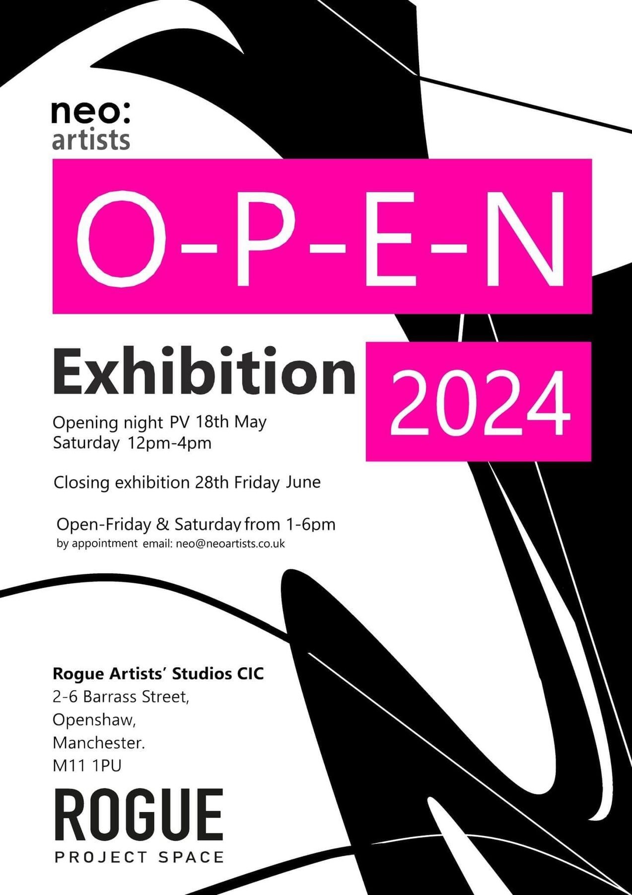 The &lsquo;O-P-E-N&rsquo; exhibition poster for neo: artists at Rogue Project Space, Openshaw, Manchester, where the piece was shown