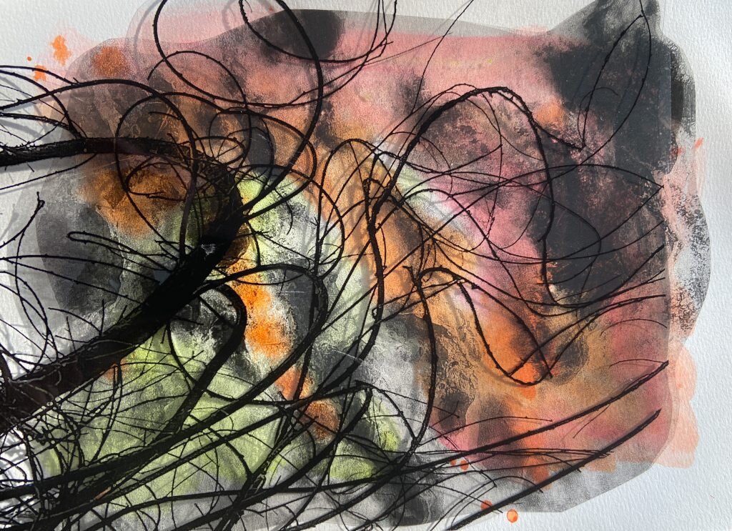 An abstract print by Louise Garman with dense looping black line work over cool blue and green tones