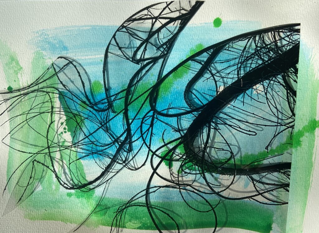 An abstract print by Louise Garman with dense looping black line work over warm pink and orange tones