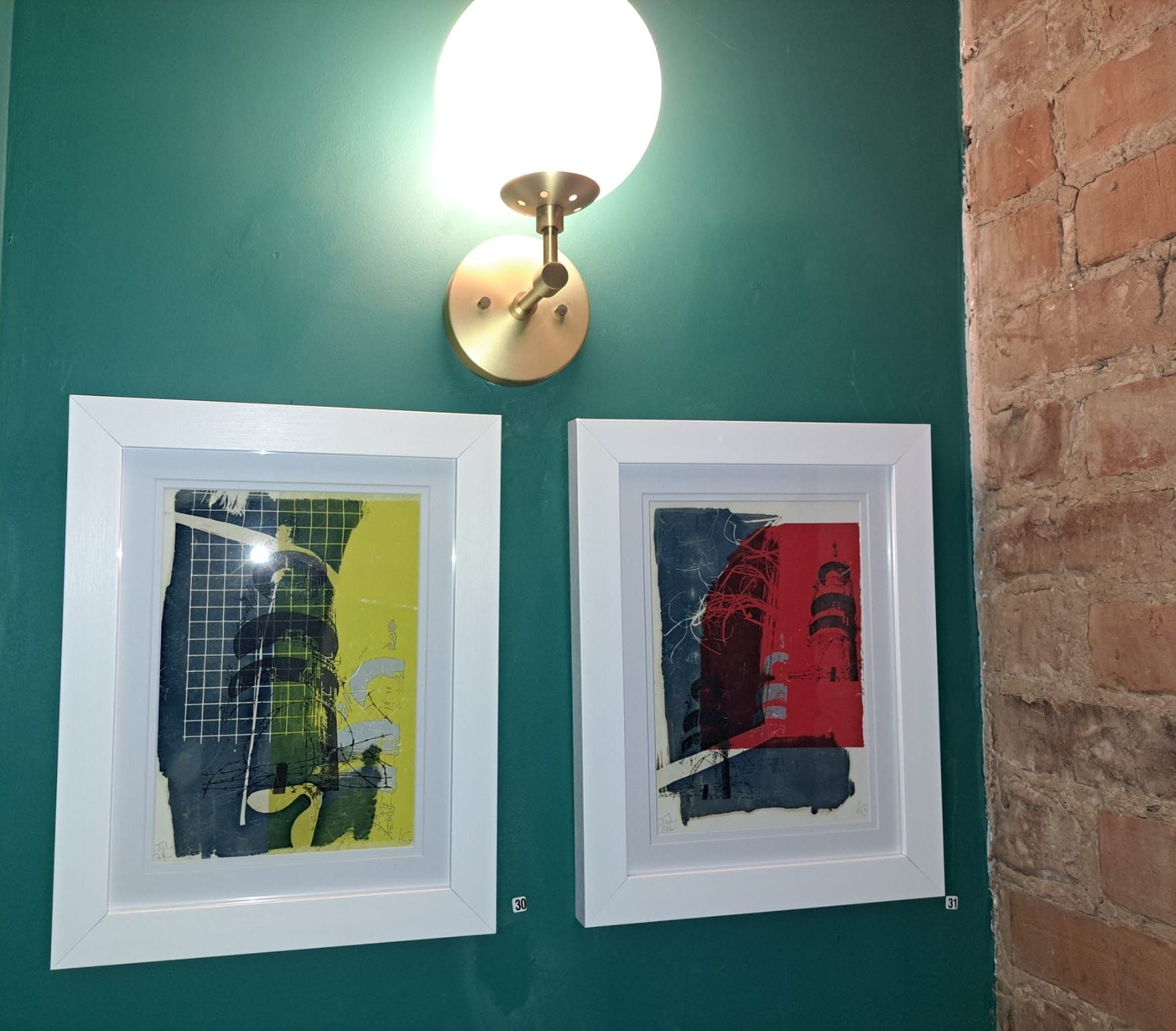 Louise Garman's prints hanging at The Crooked Man, Prestwich