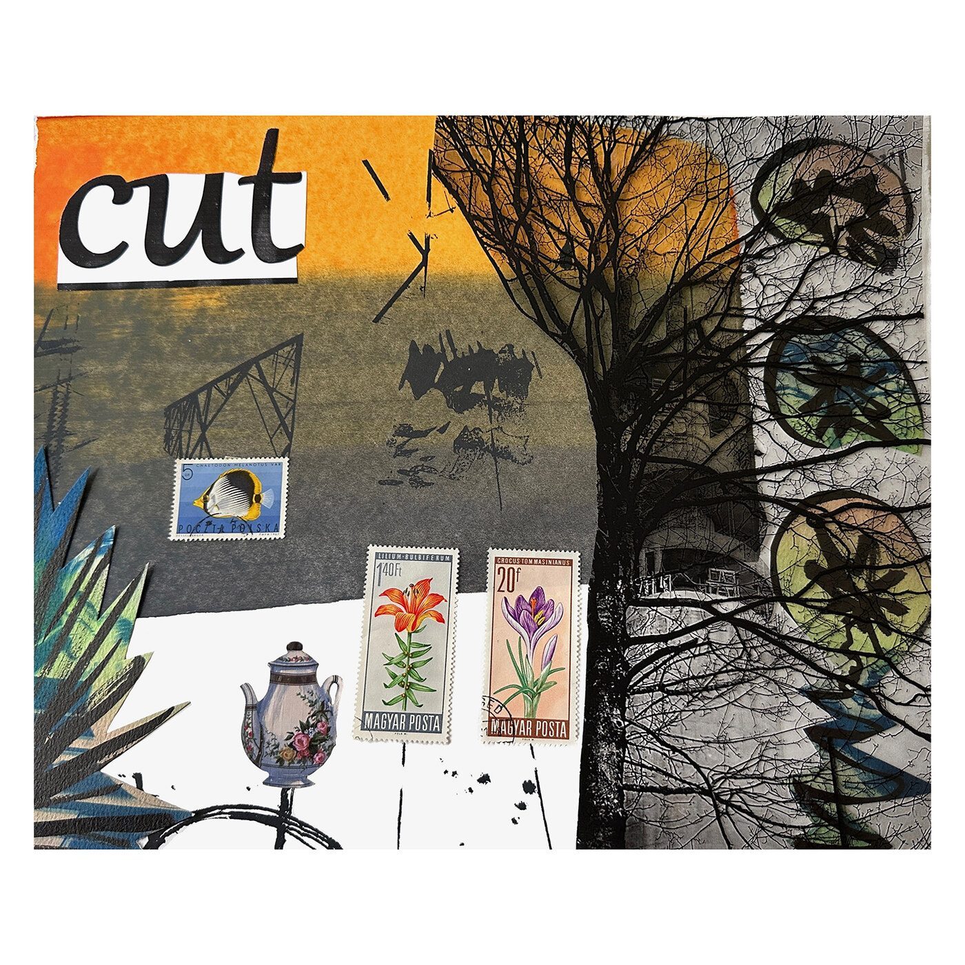 Mixed-media collage titled Cut, with postage stamps and a bare tree