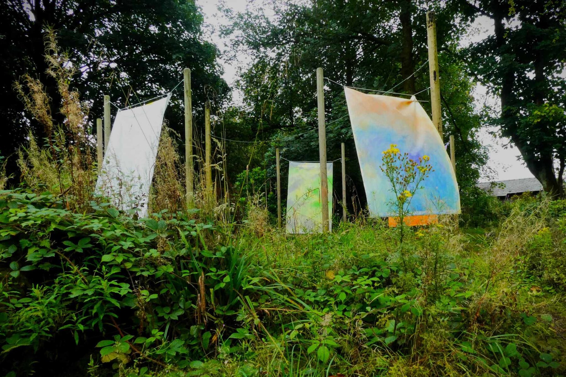 Three hand-dyed fabric panels hung between wooden posts in woodland, part of the Human Nature trail