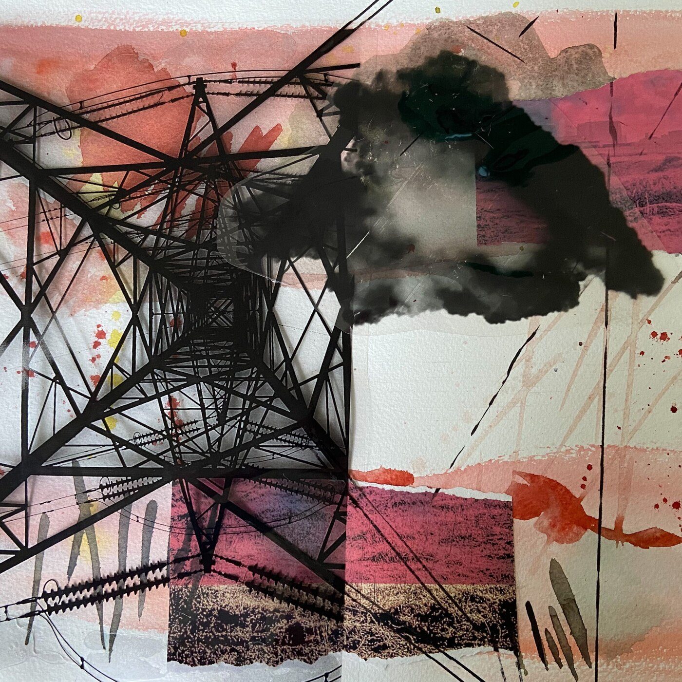 Mixed-media sketch of an electricity pylon against a pink and black sky