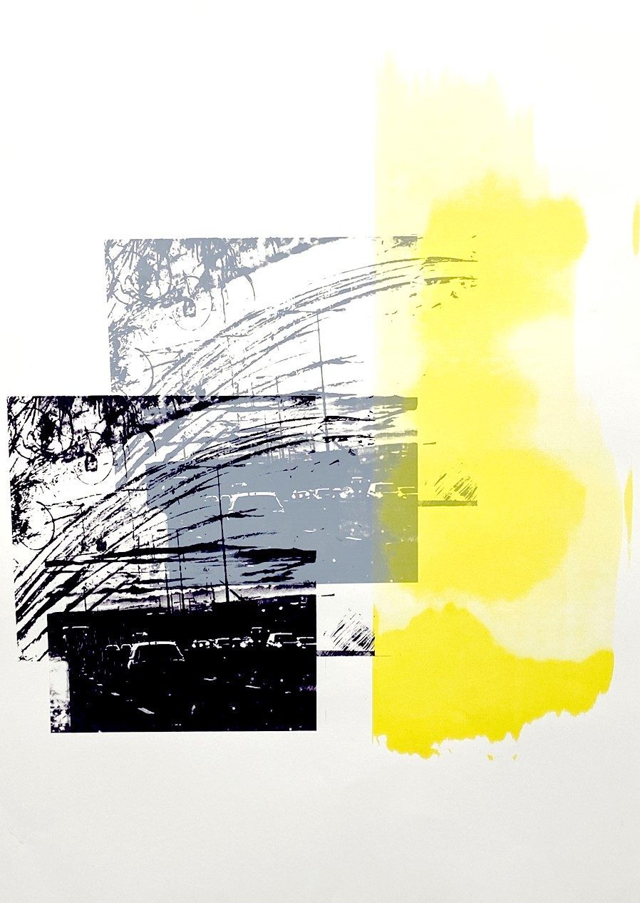 Cars Over Motorway Yellow — silkscreen print of traffic on a motorway, in black and yellow
