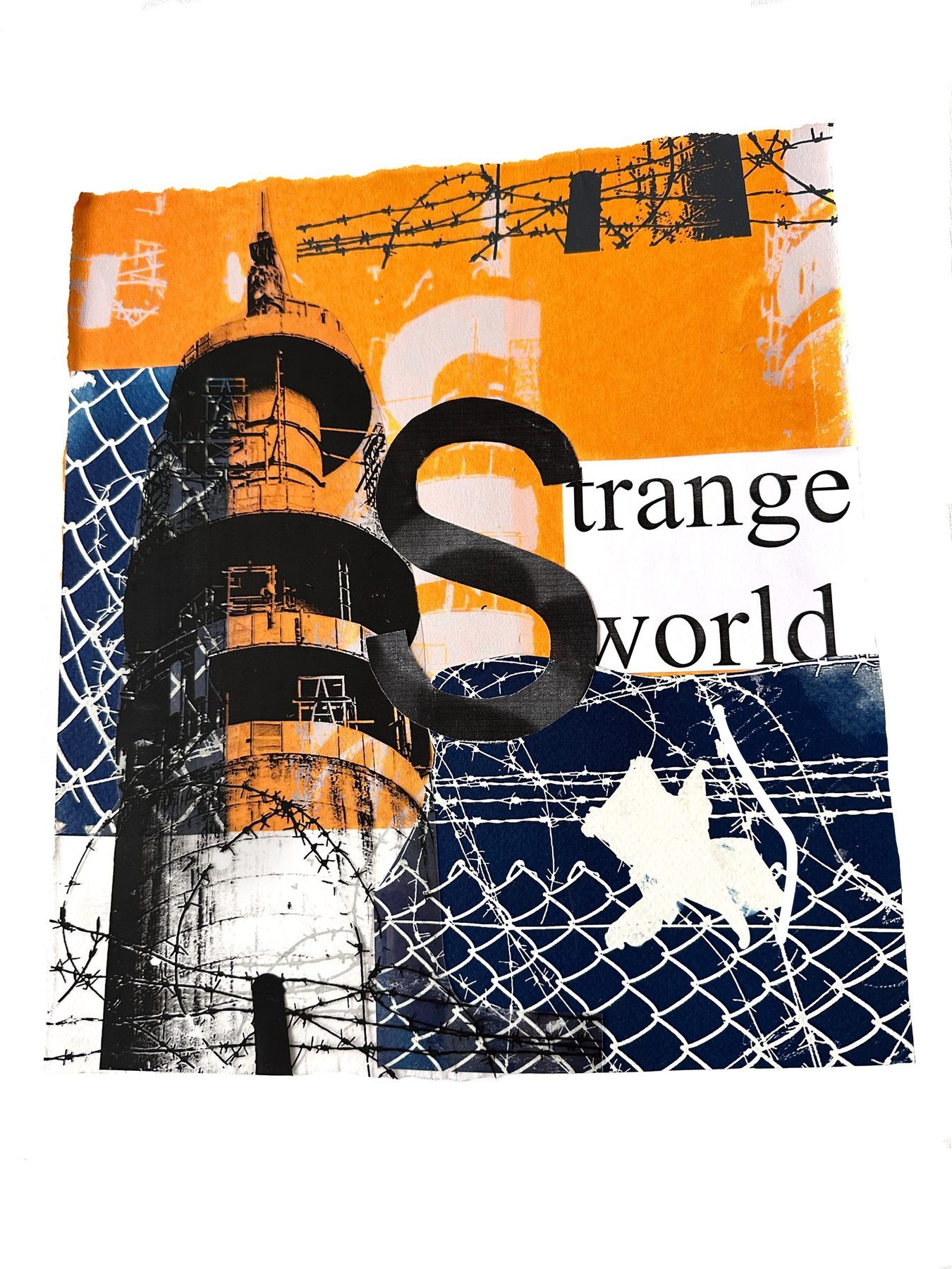 Strange World — collage giclee print featuring a tower and barbed wire fencing