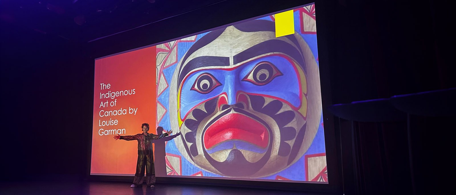 Title slide for Louise Garman's talk The Indigenous Art of Canada, with a Pacific Northwest carved and painted mask
